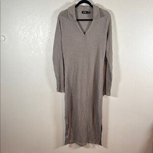 LTS Gray Ribbed Collared MIDI Length Dress Side Slits Size 14